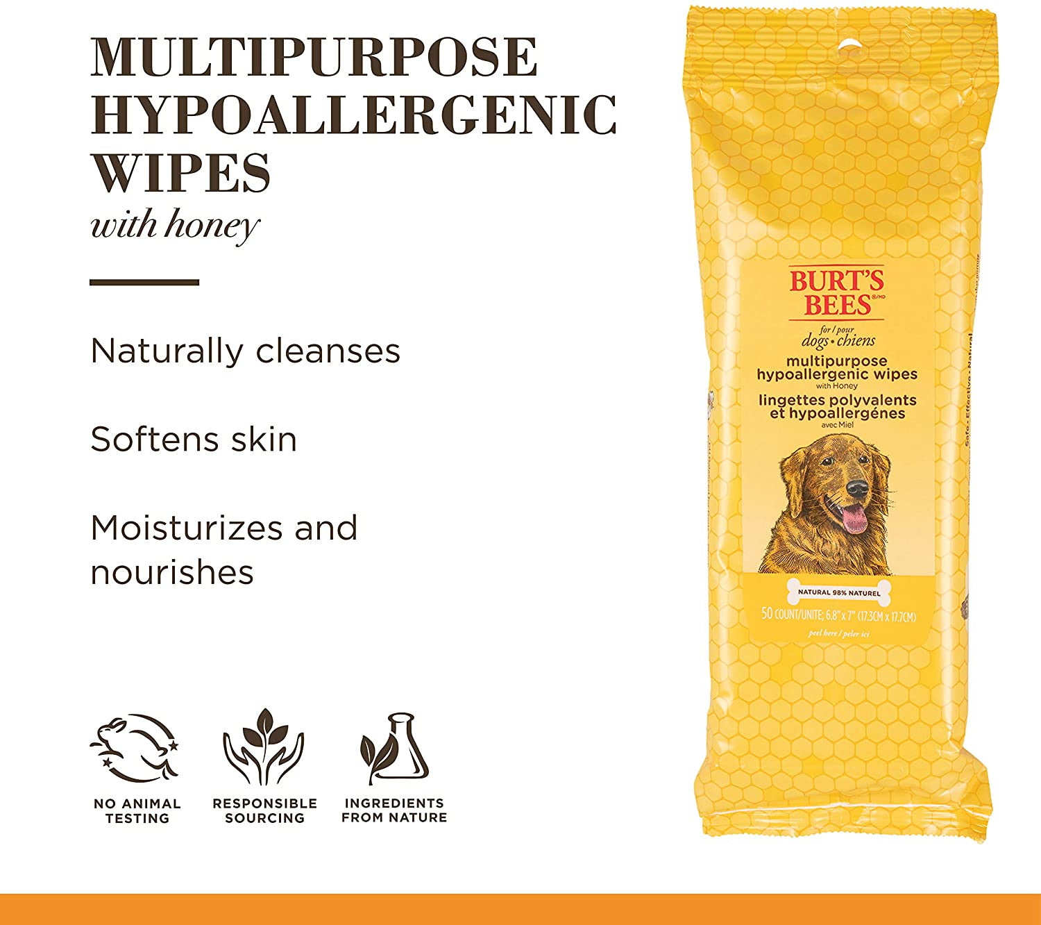 Multipurpose Dog Wipes with with Honey, 98% Natural Origin Formulas, Hypoallergenic Dog Wipes Cleaning, Dog Cleaning Wipes, Dog Wipes for Paws and Butt, 50Ct