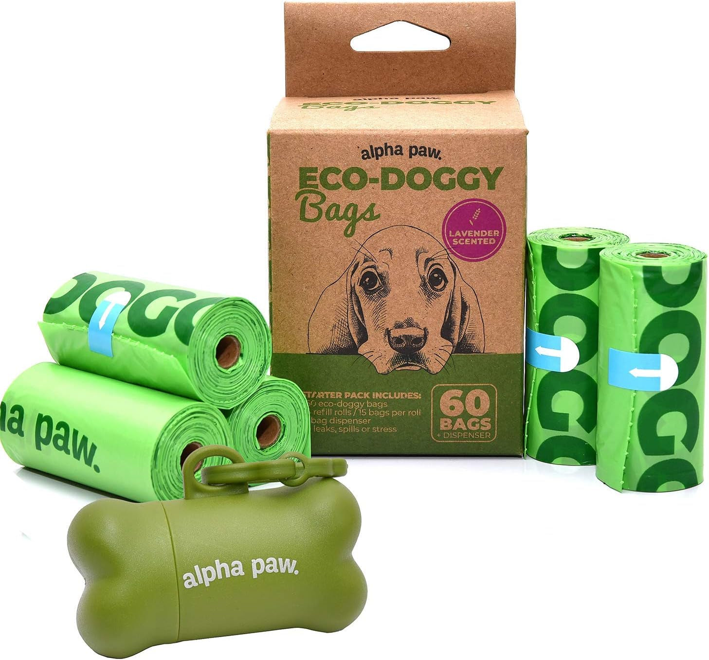 Eco-Doggy Bags & Portable Dispenser - 60 Odor-Blocking, Biodegradable Poop Bags for Dogs - Scented Dog Poop Bags - Lavender-Scented Poop Bags - Compostable Dog Waste Bags - Puppy Accessories