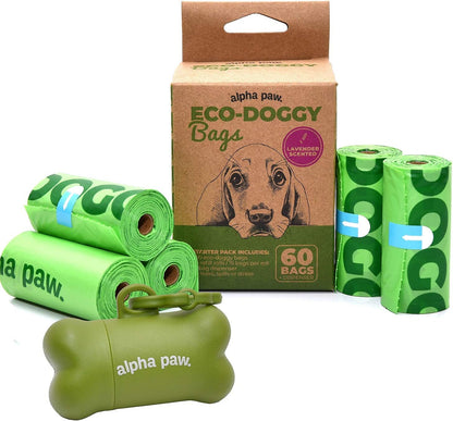 Eco-Doggy Bags & Portable Dispenser - 60 Odor-Blocking, Biodegradable Poop Bags for Dogs - Scented Dog Poop Bags - Lavender-Scented Poop Bags - Compostable Dog Waste Bags - Puppy Accessories