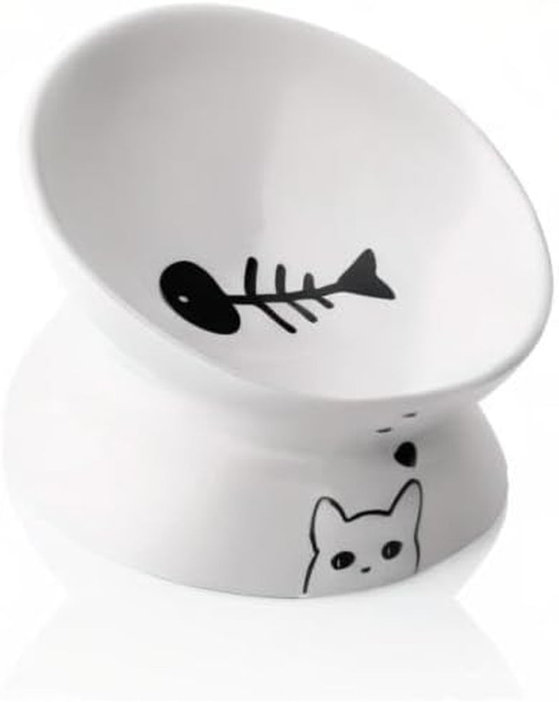 Ceramic Raised Cat Bowls, Slanted Cat Dish Food or Water Bowls, Elevated Porcelain Pet Feeder Bowl Protect Cat'S Spine, Stress Free, Backflow Prevention (White)